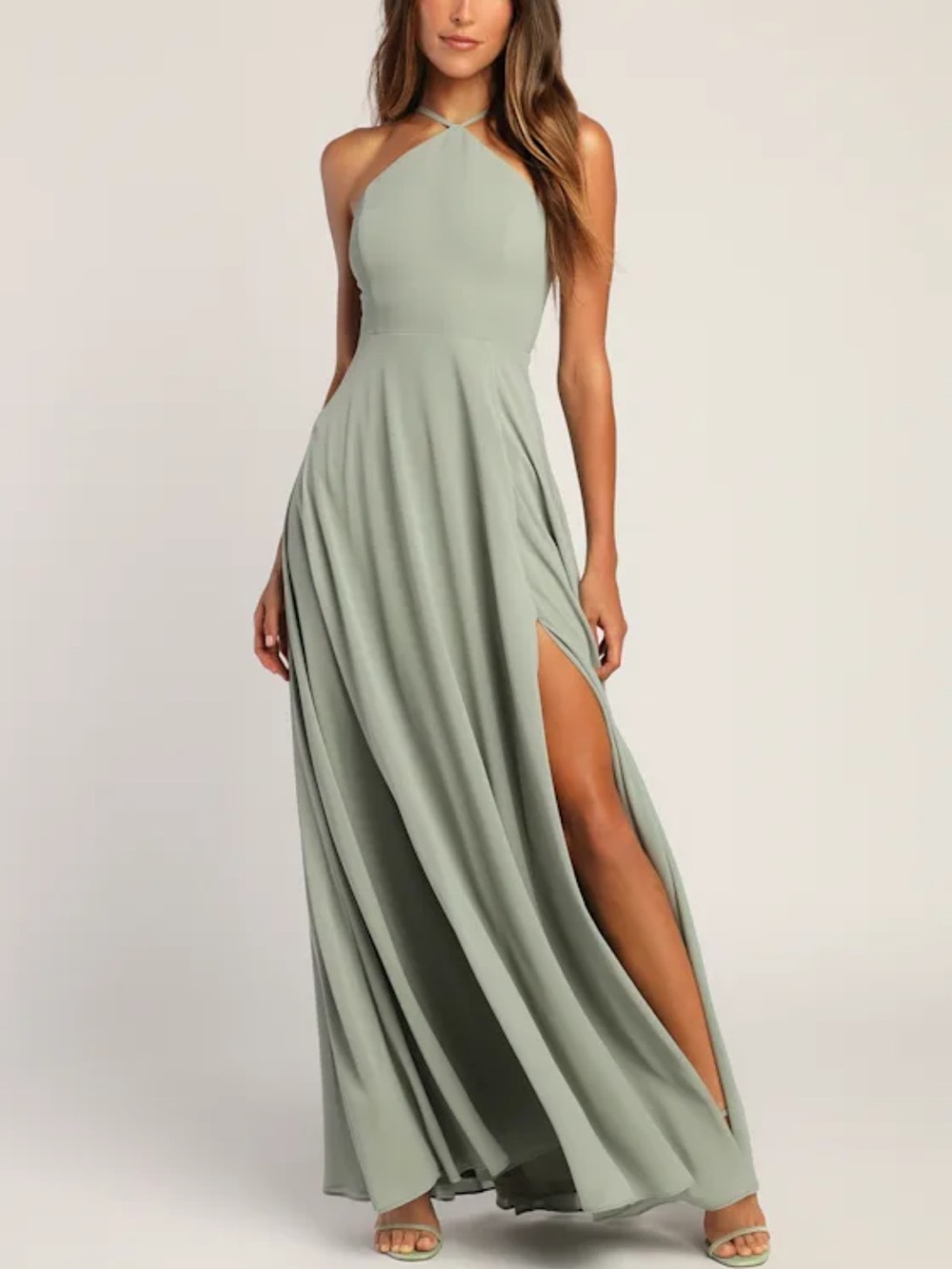 Lulu's Sage Halter Maxi Dress with High Slit